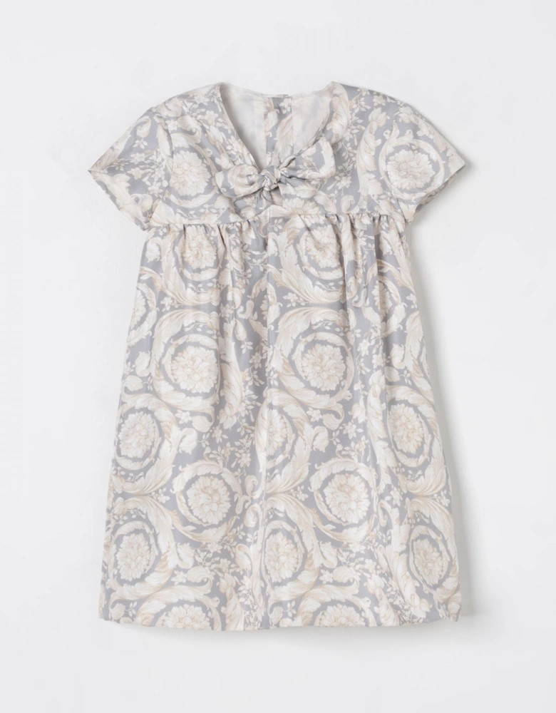 Baroque Print Dress with Bow