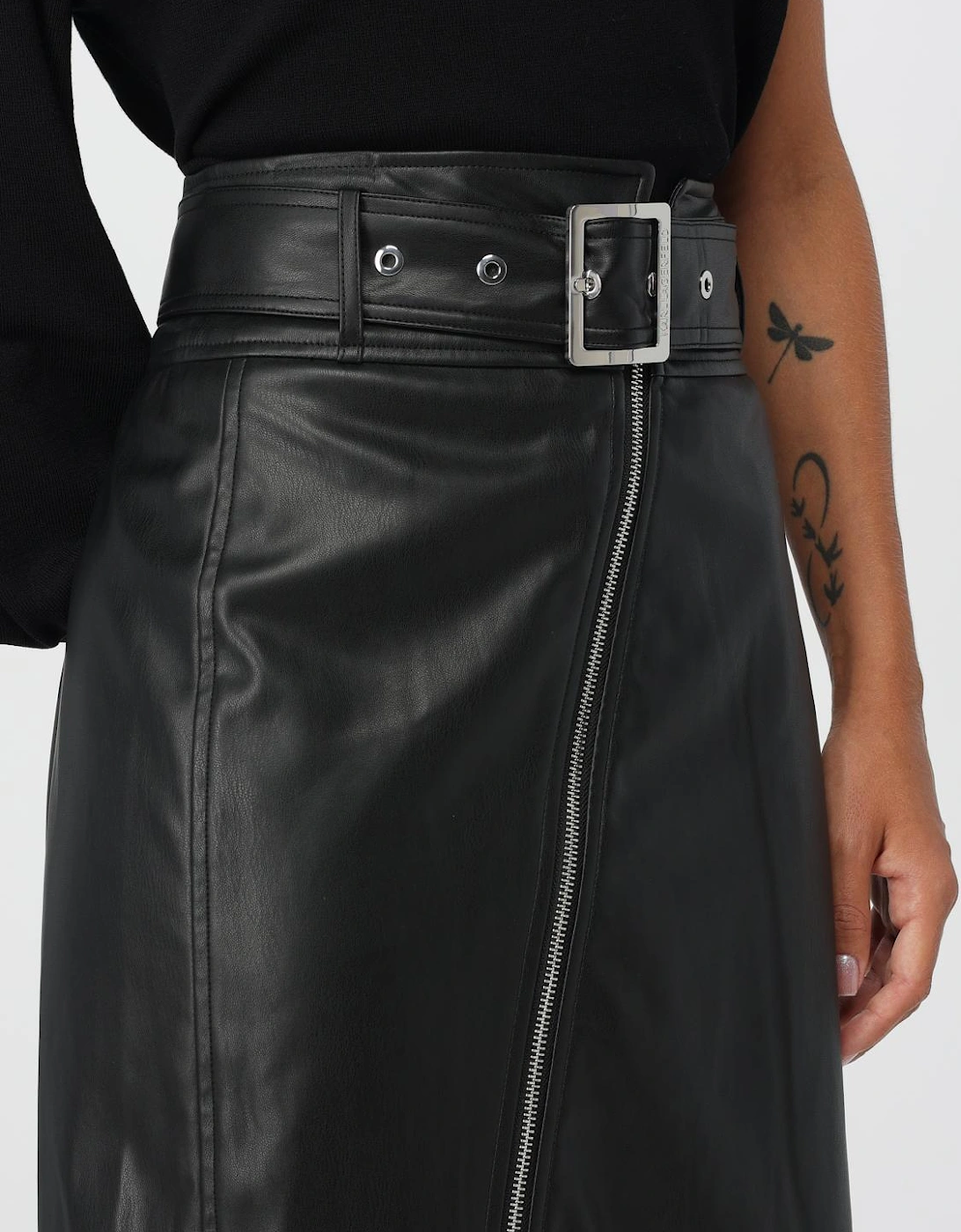 Belted Faux Leather Asymmetrical Zip Skirt