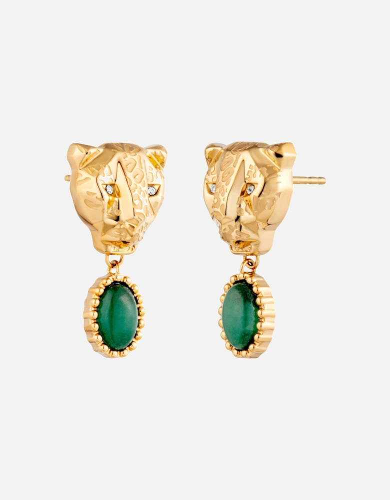 Jaguar Head Drop Earrings Green Stone
