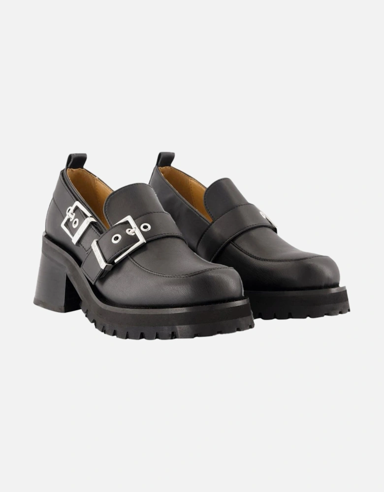 Buckle Loafer Black Leather Block Heel