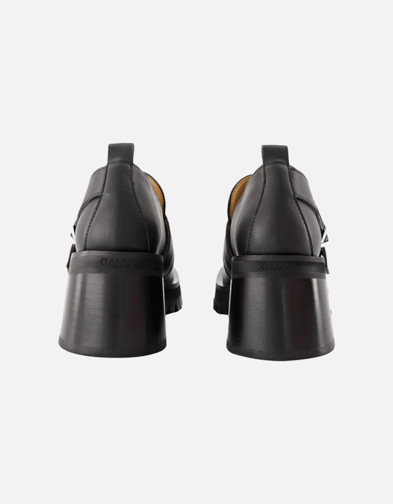 Buckle Loafer Black Leather Block Heel