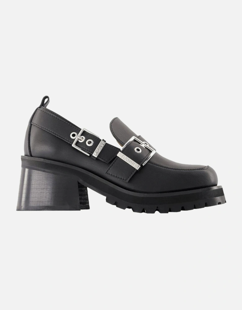 Buckle Loafer Black Leather Block Heel