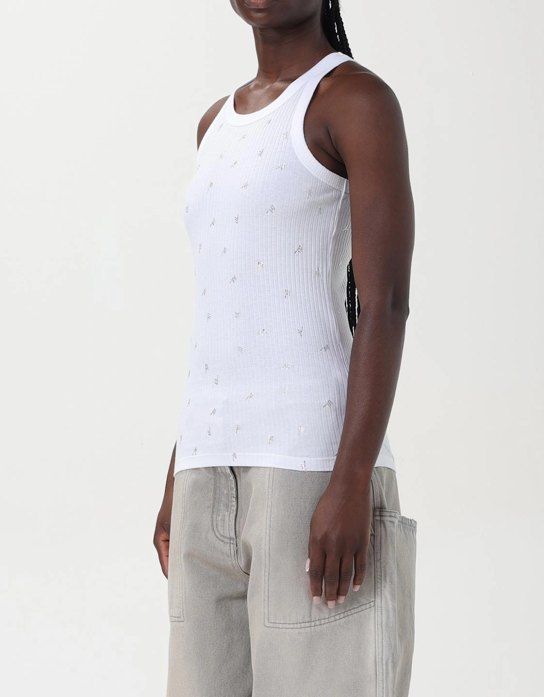 CrystalEmbellished Ribbed Tank Top