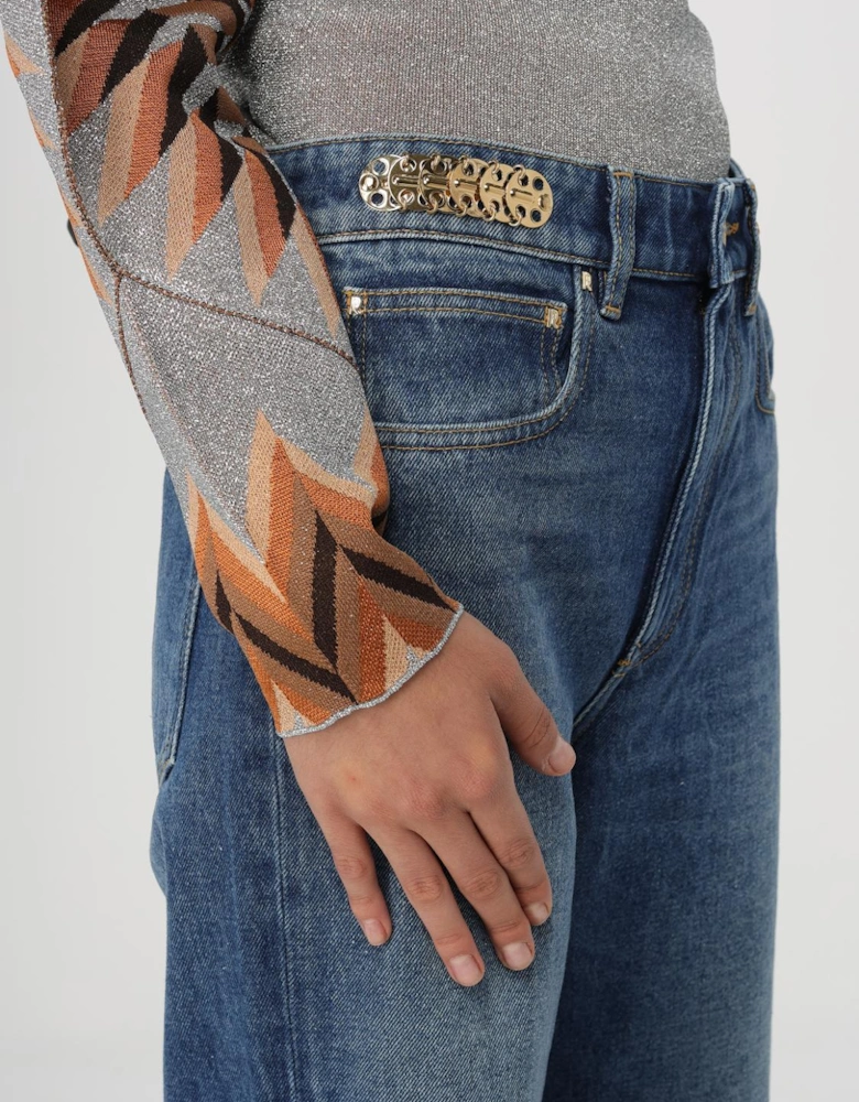 High Waisted Flared Jeans Metal Chain