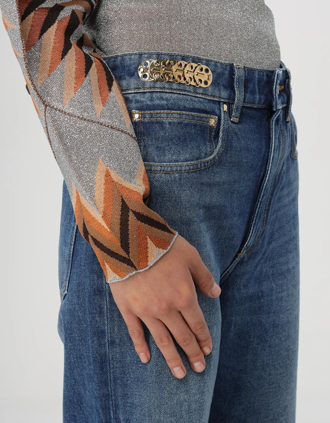 High Waisted Flared Jeans Metal Chain
