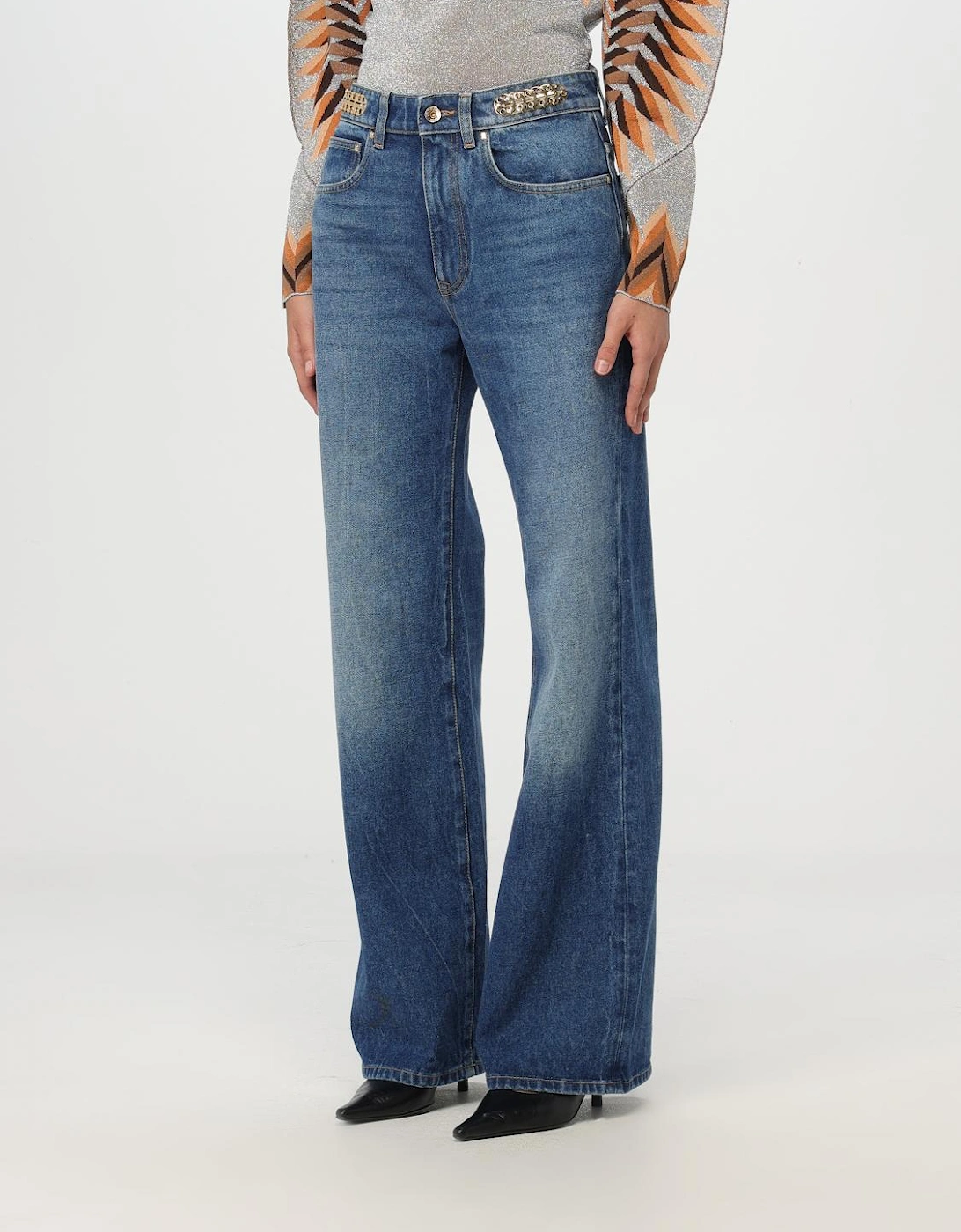 High Waisted Flared Jeans Metal Chain