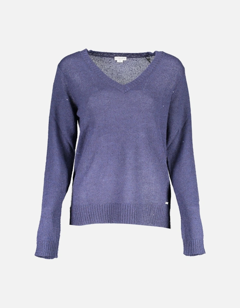 Blue Nylon Long-Sleeved Sweater with V-Neckline