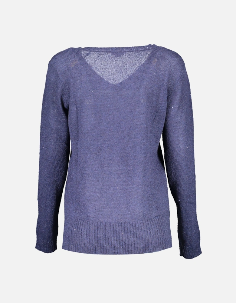 Blue Nylon Long-Sleeved Sweater with V-Neckline