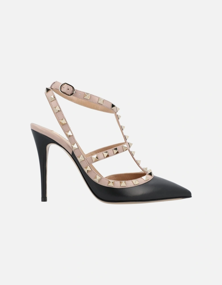 Pointed Toe Heel Shoes with Studded Straps and Ankle Closure
