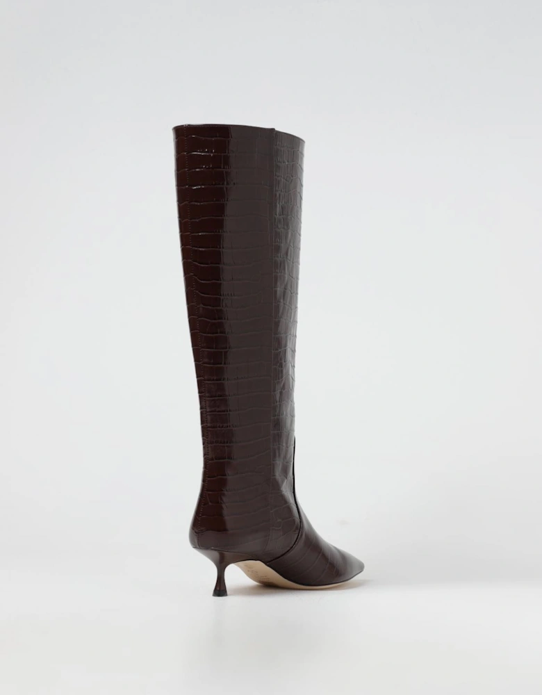 CrocEmbossed Leather Low Heel Boots