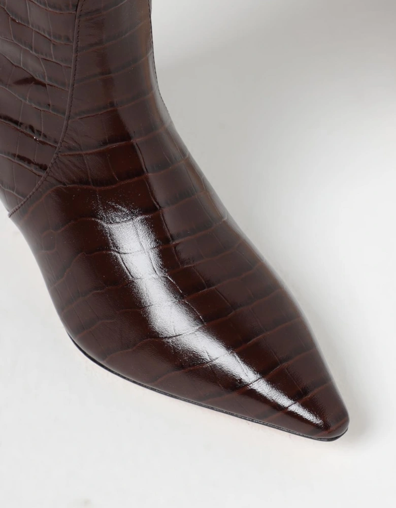CrocEmbossed Leather Low Heel Boots