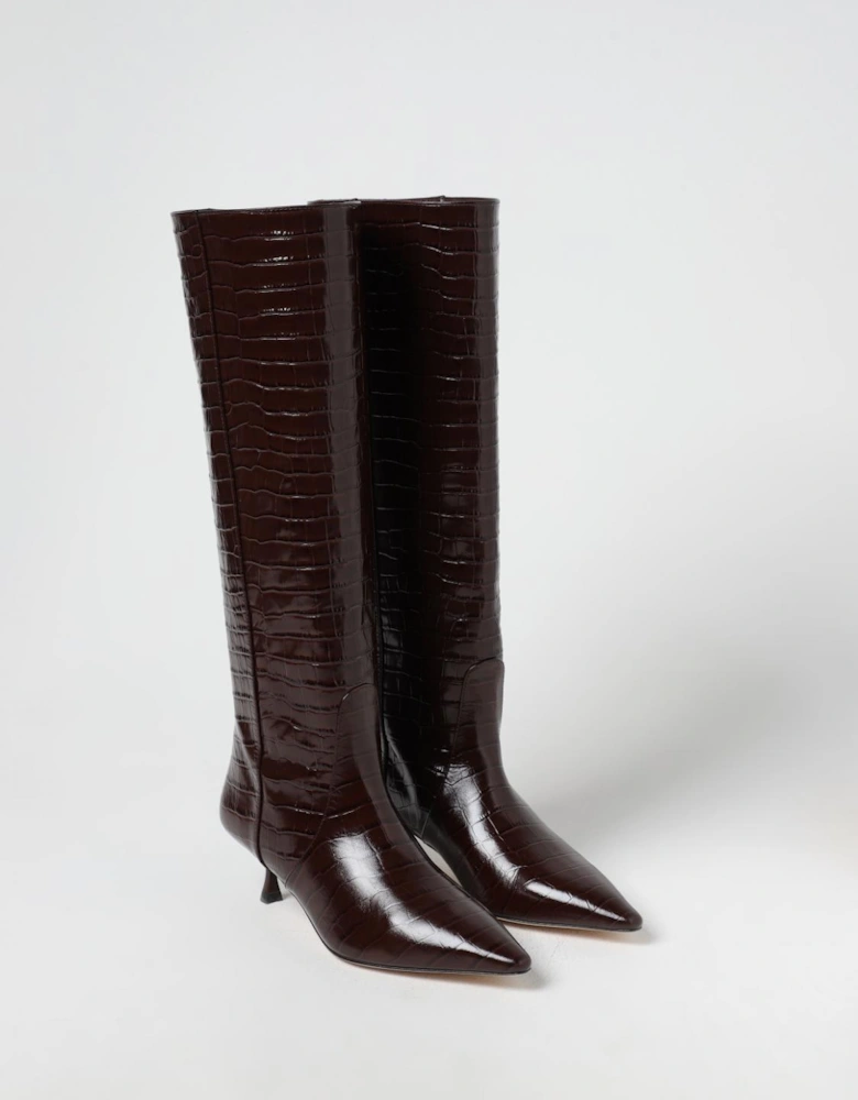 CrocEmbossed Leather Low Heel Boots