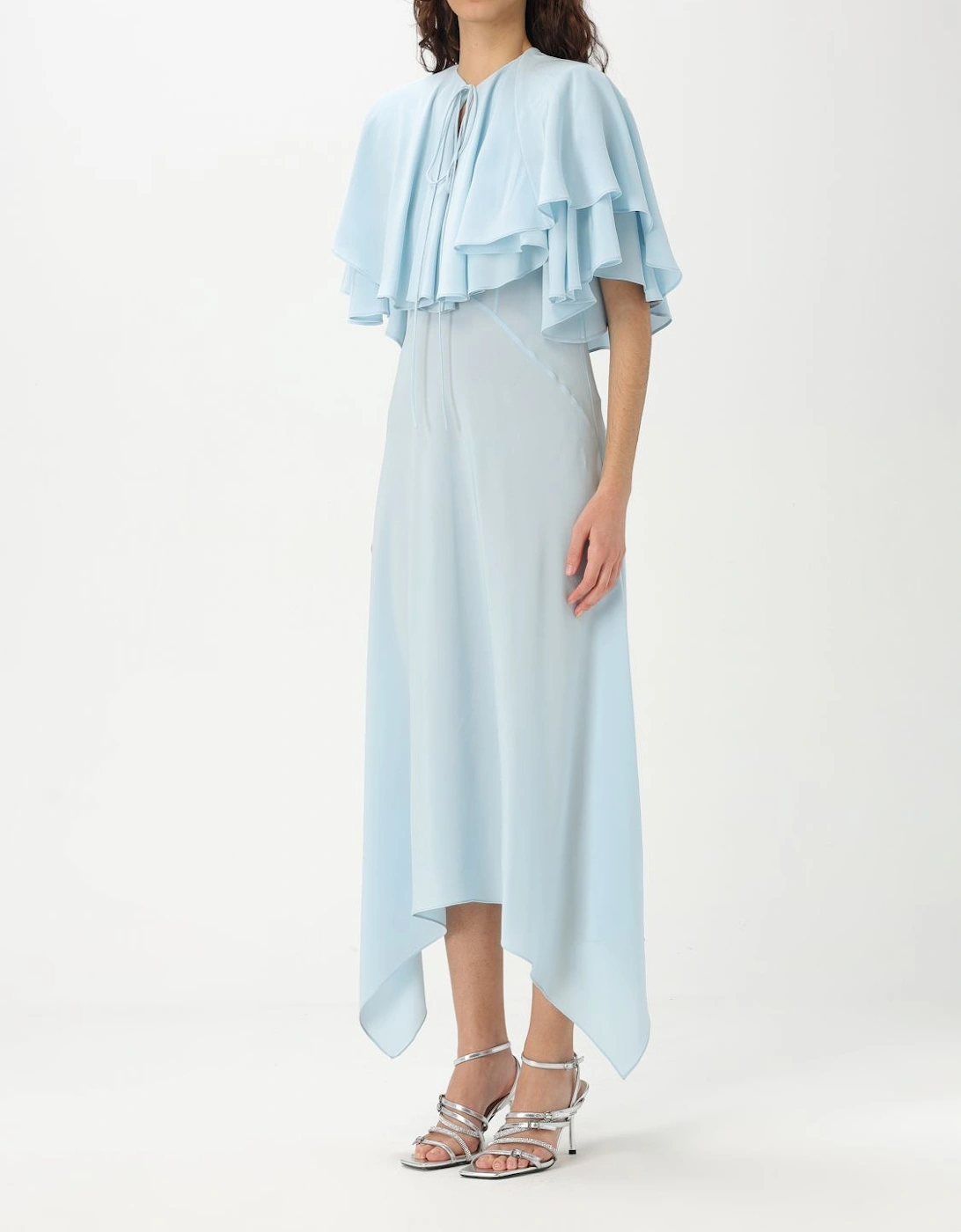 Asymmetrical Ruffle Cape Midi Dress