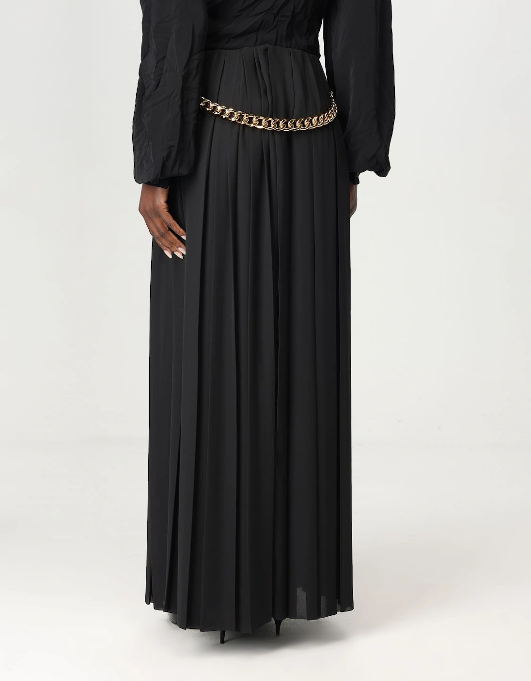 Chain Belt Pleated Maxi Skirt