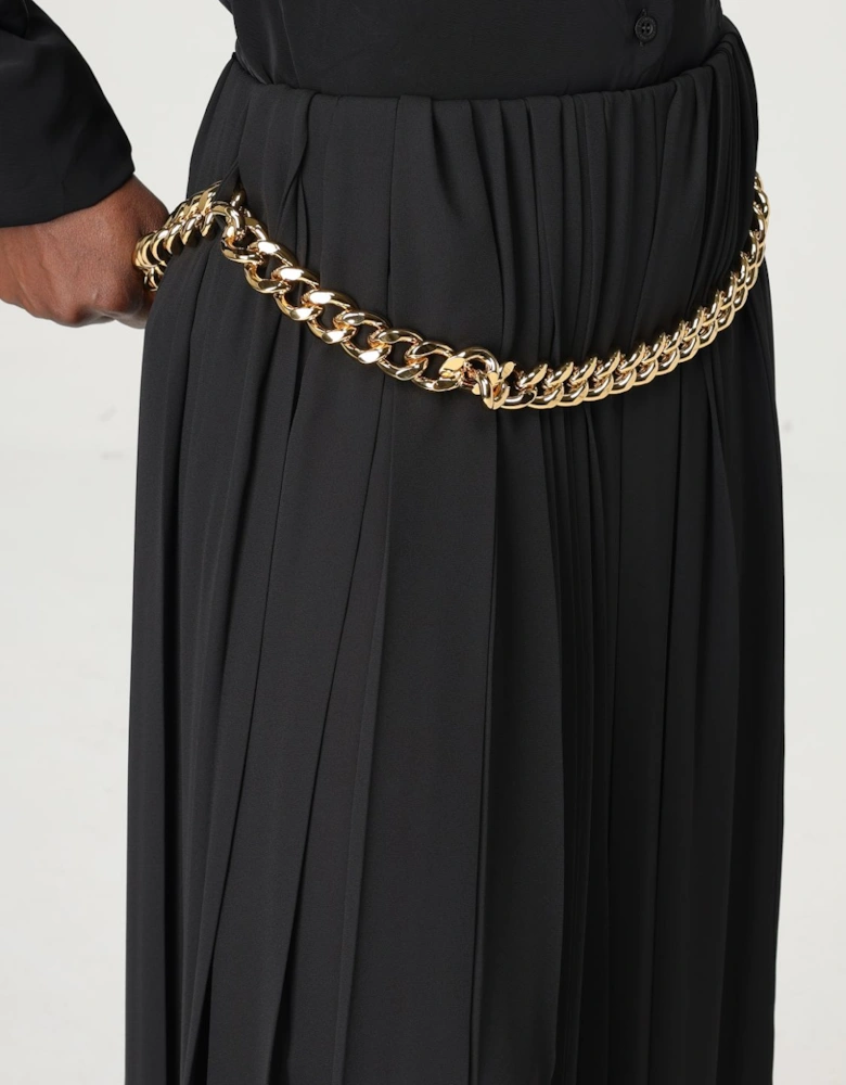 Chain Belt Pleated Maxi Skirt