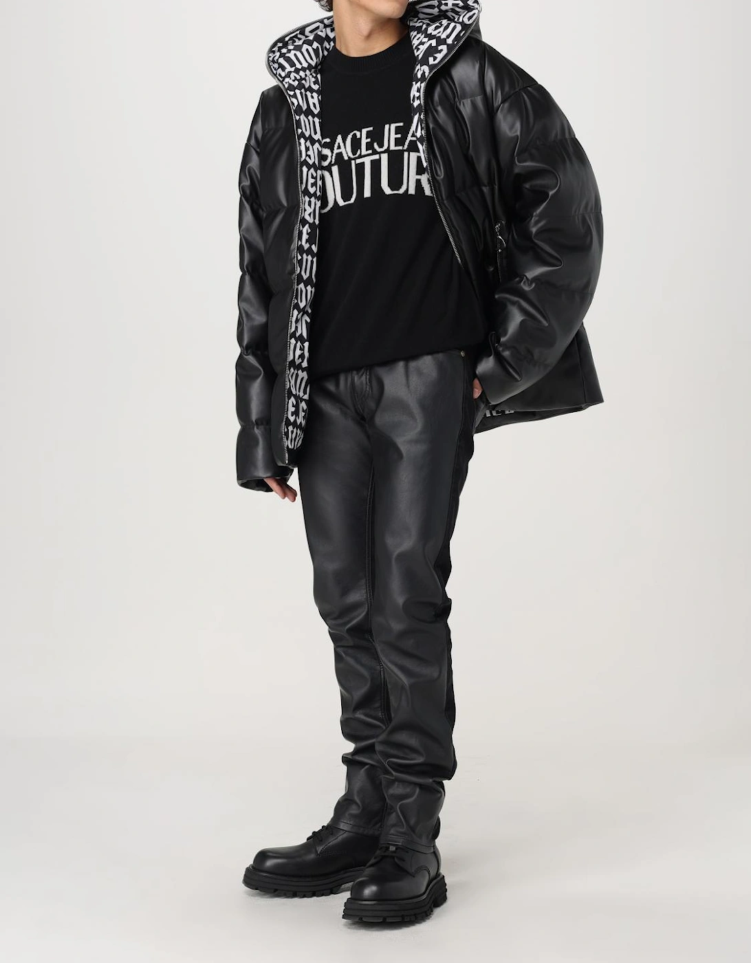 Puffer Jacket Hooded Faux Leather
