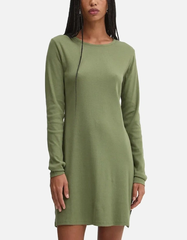Long Sleeve Cotton Blend Dress with Round Neckline and Visible Logo