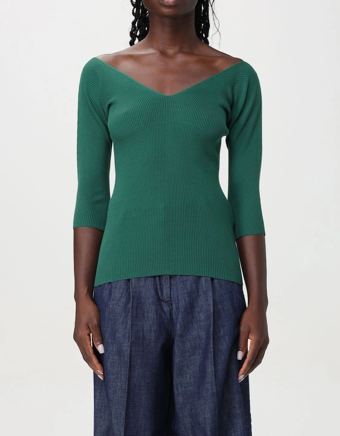 Ribbed Knit VNeck ThreeQuarter Sleeve Sweater