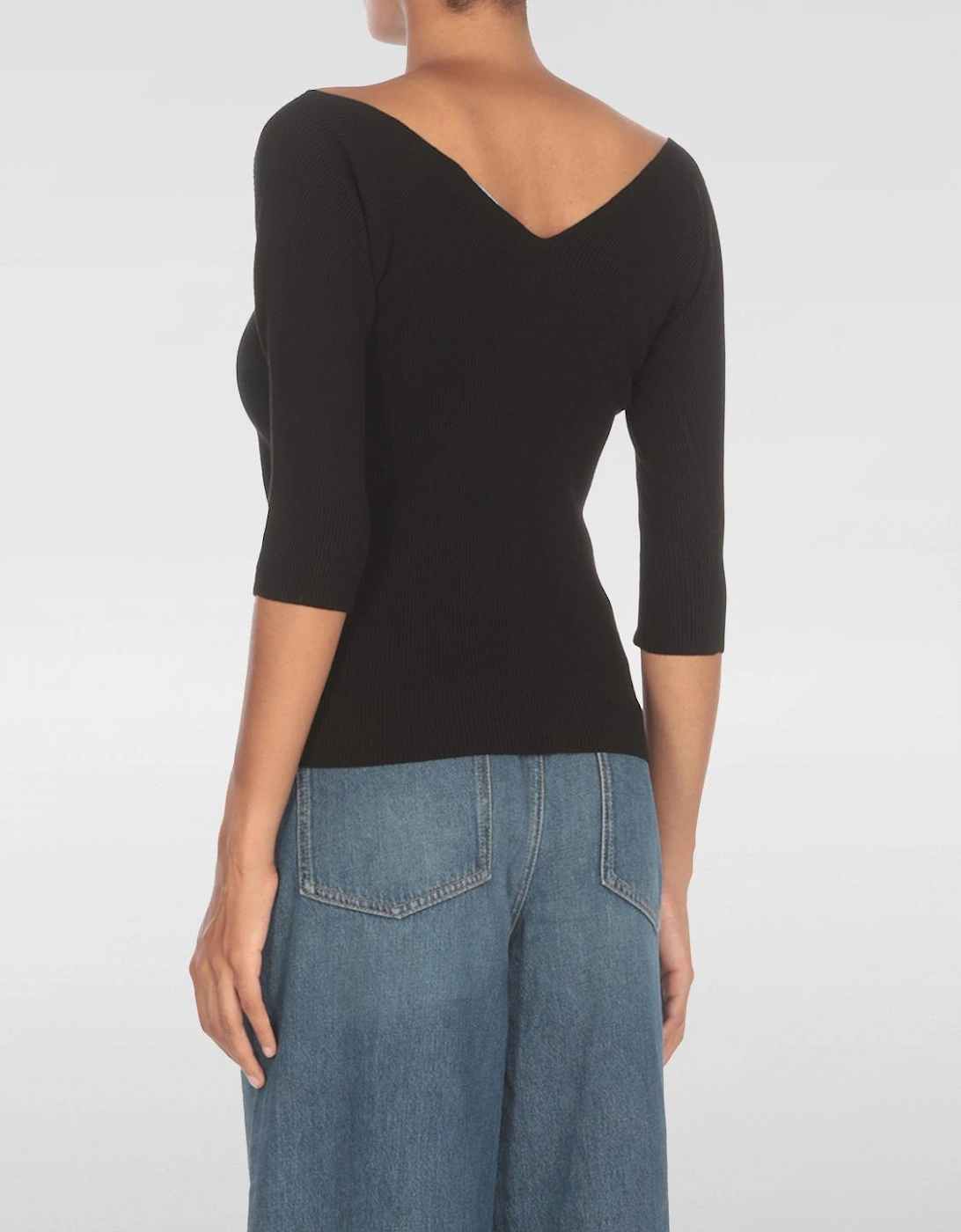 Ribbed Knit VNeck ThreeQuarter Sleeve Sweater