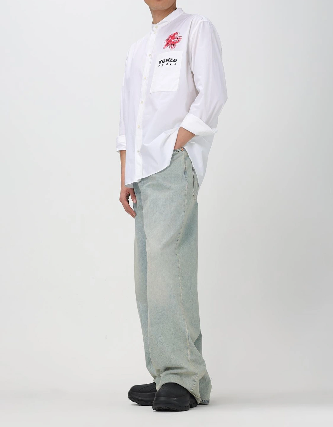 Long Sleeve Shirt Mandarin Collar Pocket Detail