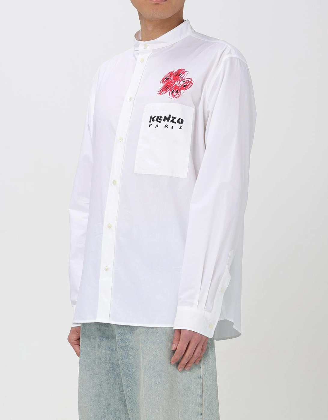 Long Sleeve Shirt Mandarin Collar Pocket Detail