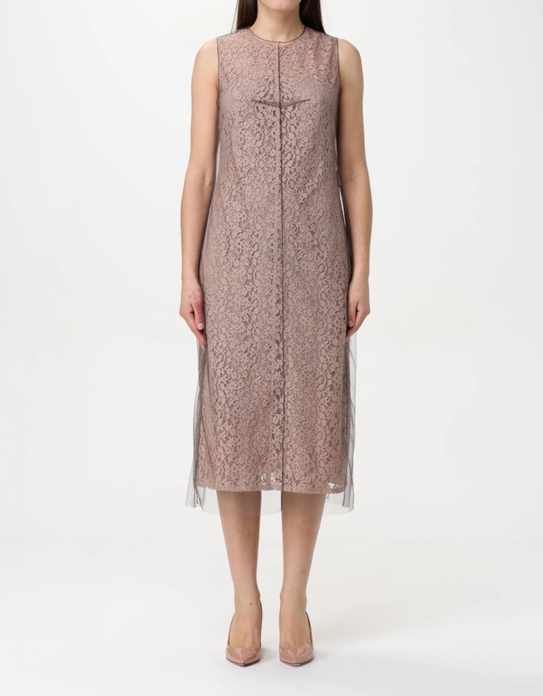 Lace Midi Dress with Tulle Overlay