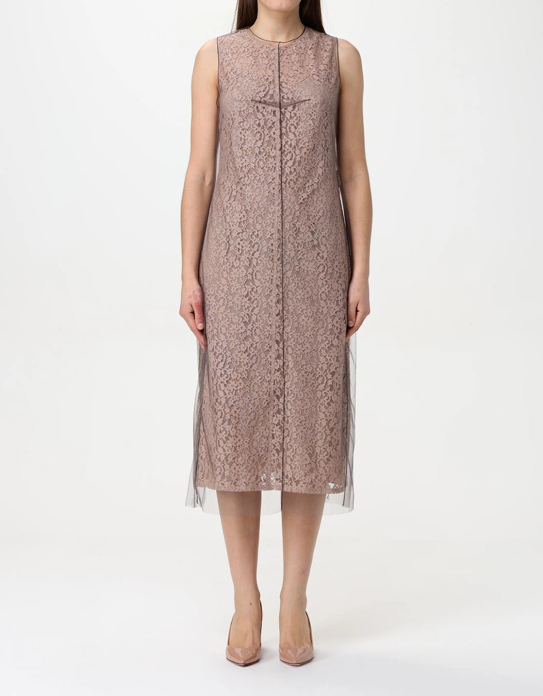 Lace Midi Dress with Tulle Overlay