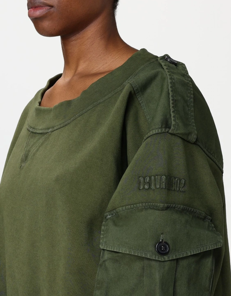 Cropped Sweatshirt Cargo Pockets Drawstring