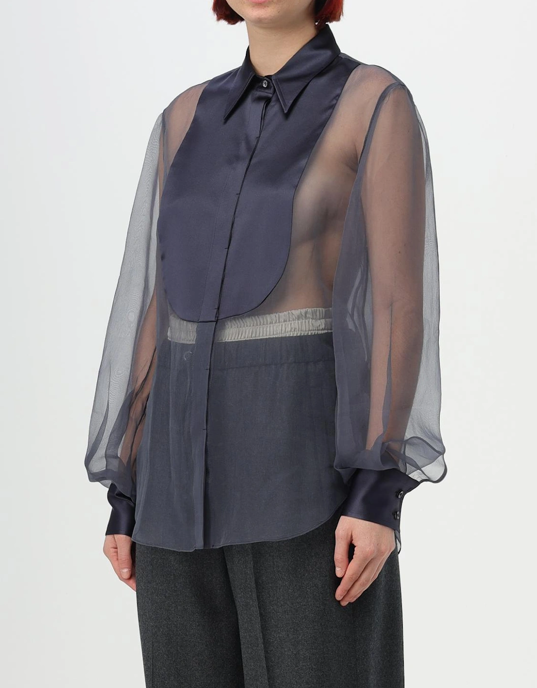 Silk Chiffon Blouse with Satin Yoke