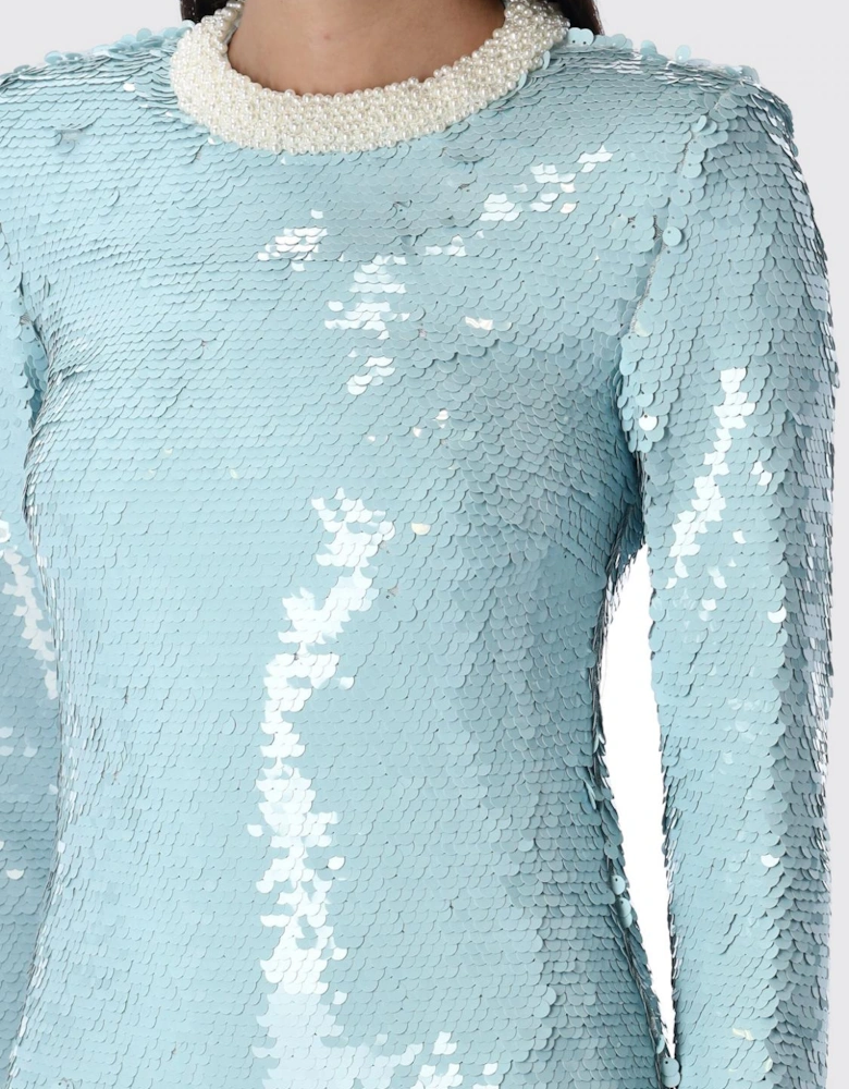 Elegant Dress with Long Sleeves and Embellished Neckline