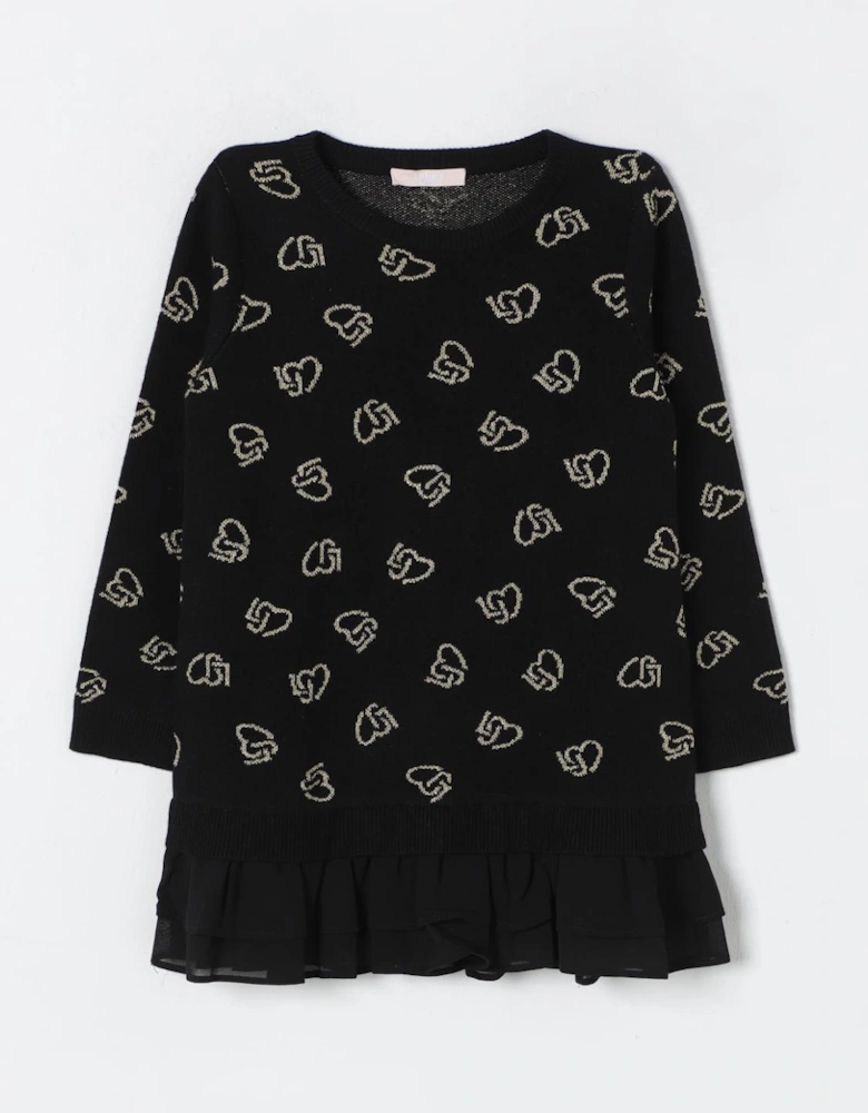 Girls Heart Print Ruffle Hem Sweater Dress