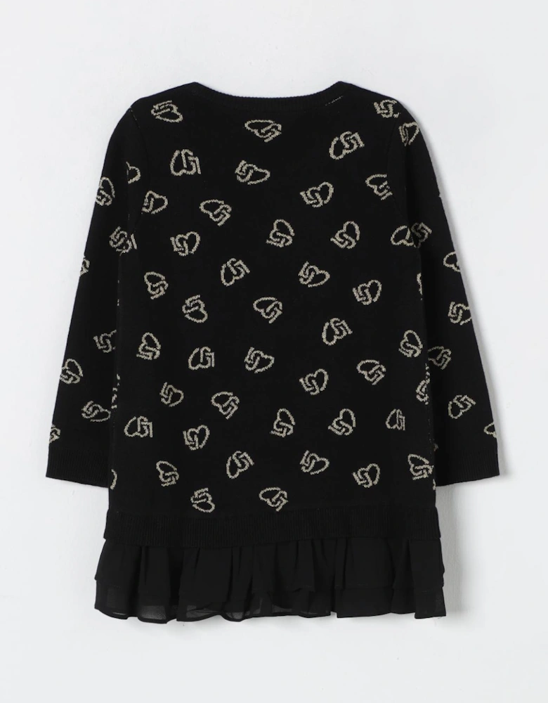 Girls Heart Print Ruffle Hem Sweater Dress