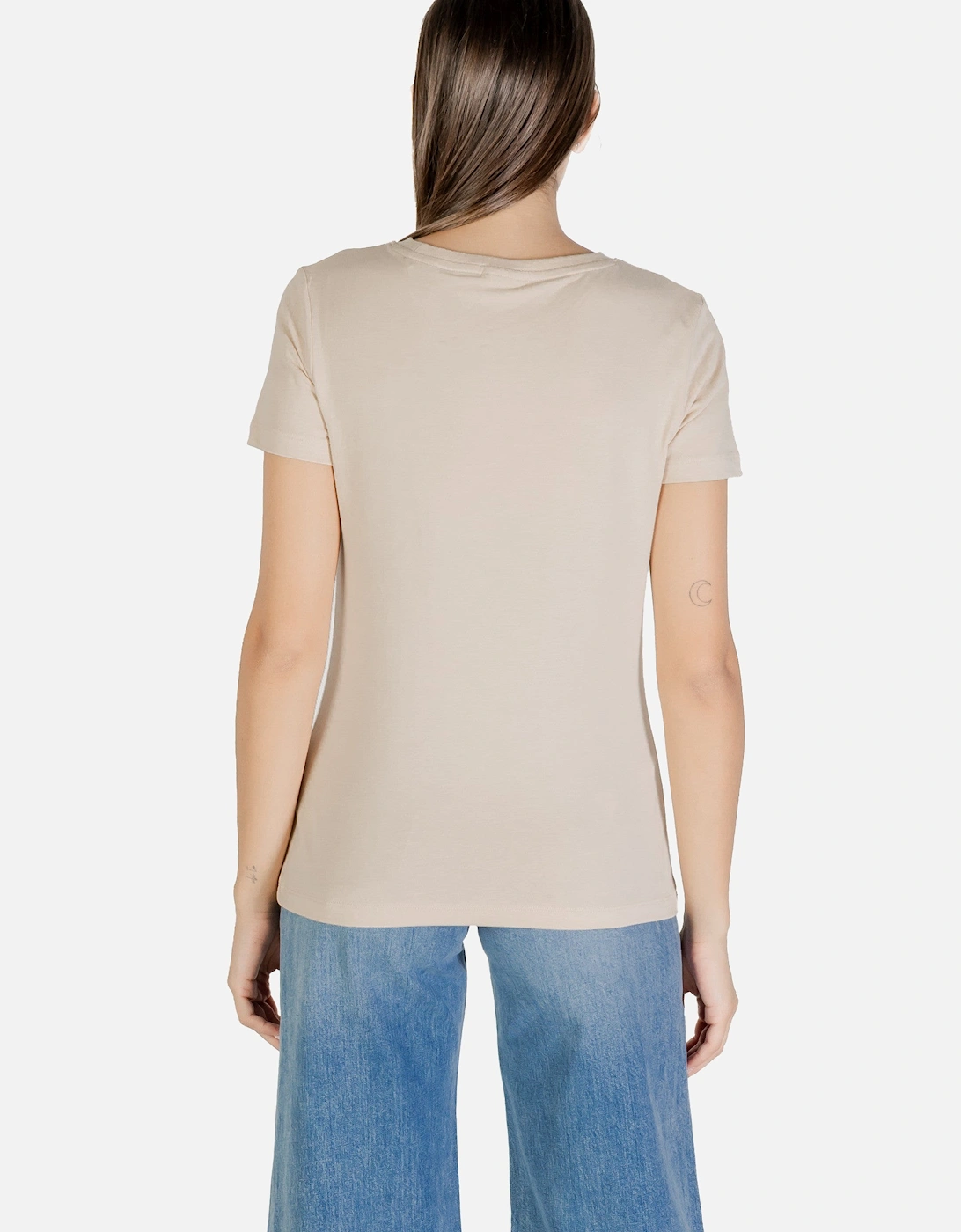 Rhinestone Embellished Printed T-Shirt with Round Neck and Short Sleeves