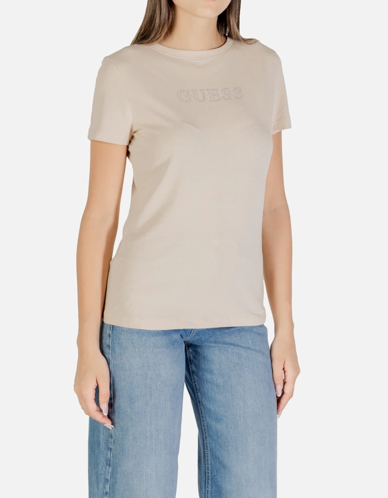 Rhinestone Embellished Printed T-Shirt with Round Neck and Short Sleeves