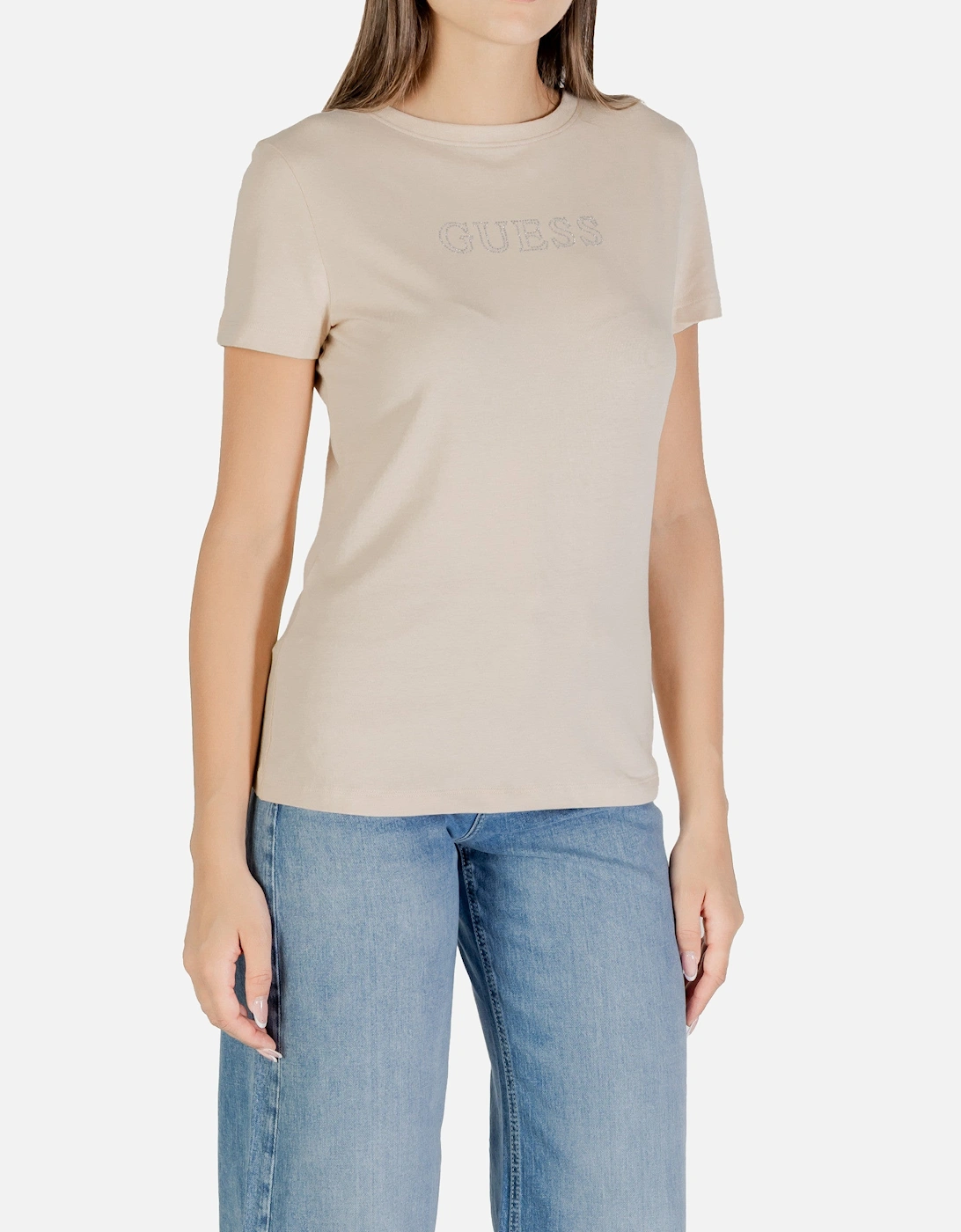 Rhinestone Embellished Printed T-Shirt with Round Neck and Short Sleeves