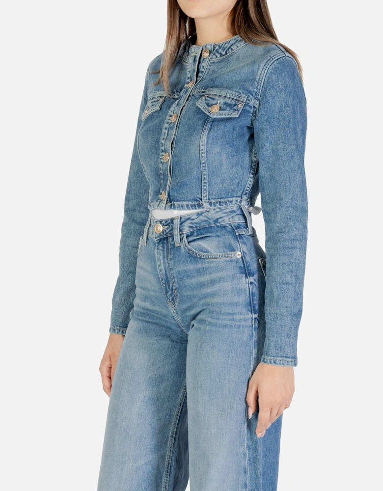 Round Neck Button Fastening Long Sleeve Jacket with Front Pockets