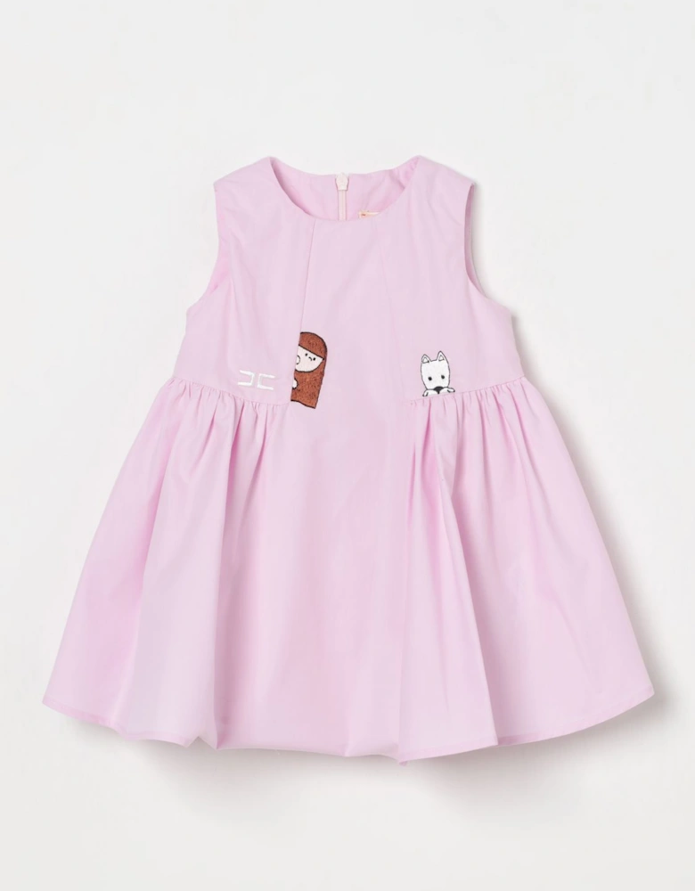 Girls Sleeveless Poplin Dress with Animal Embroidery