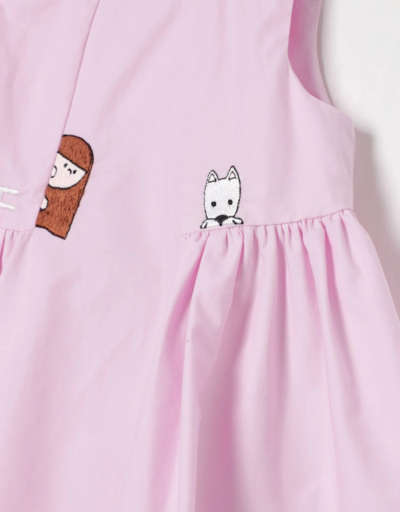 Girls Sleeveless Poplin Dress with Animal Embroidery