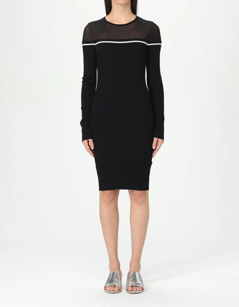 Ribbed Knit Midi Dress Sheer Neckline