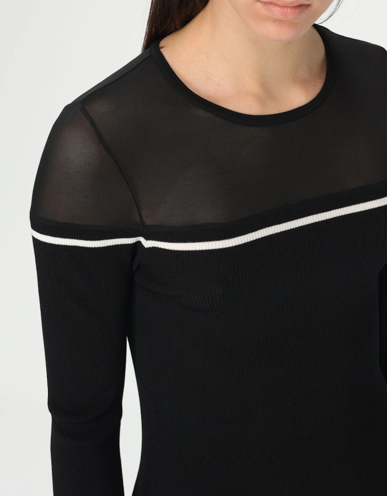 Ribbed Knit Midi Dress Sheer Neckline