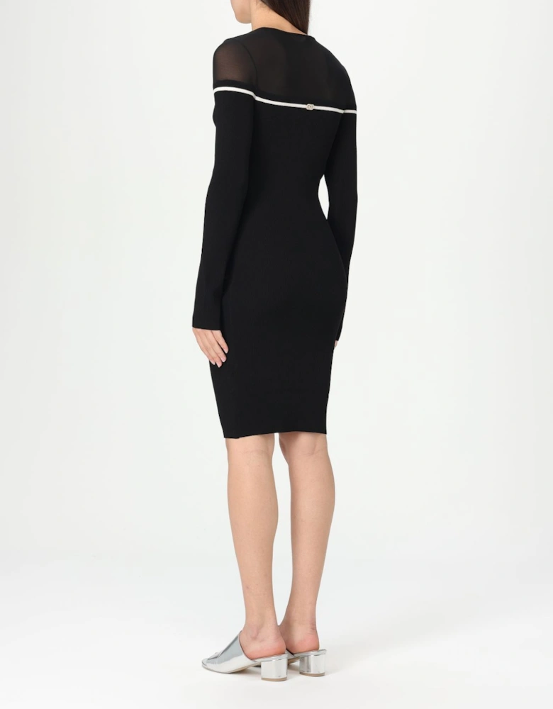 Ribbed Knit Midi Dress Sheer Neckline