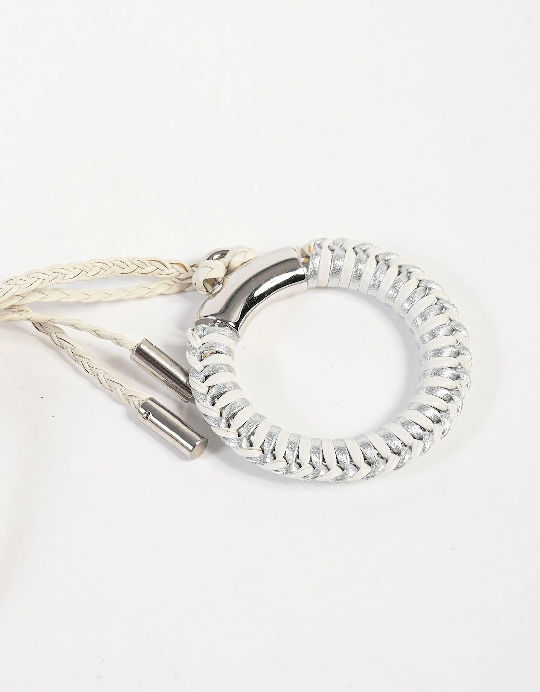 Braided Leather Keychain WhiteSilver