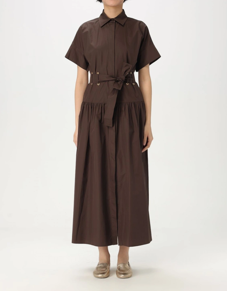 Belted Short Sleeve Dress With Classic Collar And Front Button Closure