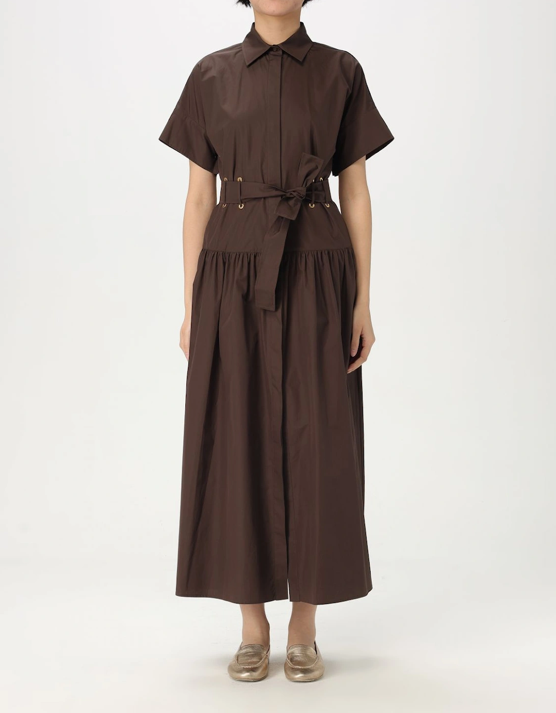 Belted Short Sleeve Dress With Classic Collar And Front Button Closure, 5 of 4