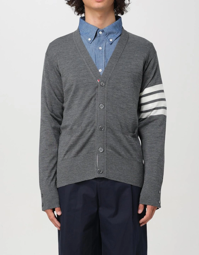 V-Neck Cotton Knit Cardigan with Button Closure and Signature Striped Sleeve