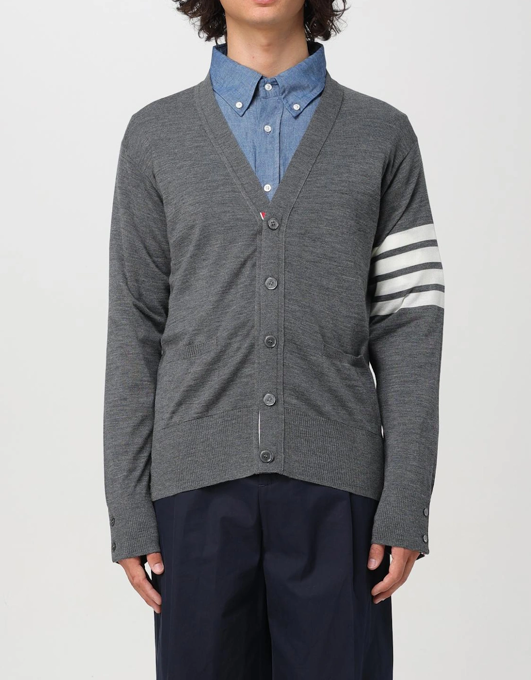 V-Neck Cotton Knit Cardigan with Button Closure and Signature Striped Sleeve