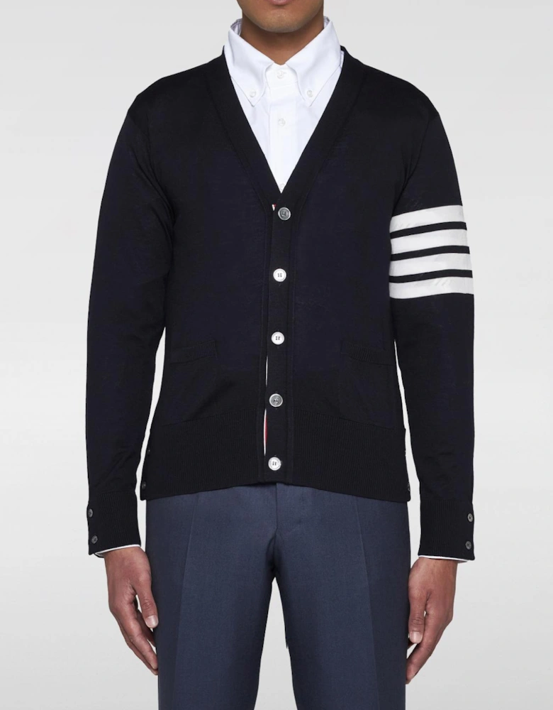 V-Neck Cotton Knit Cardigan with Button Closure and Signature Striped Sleeve