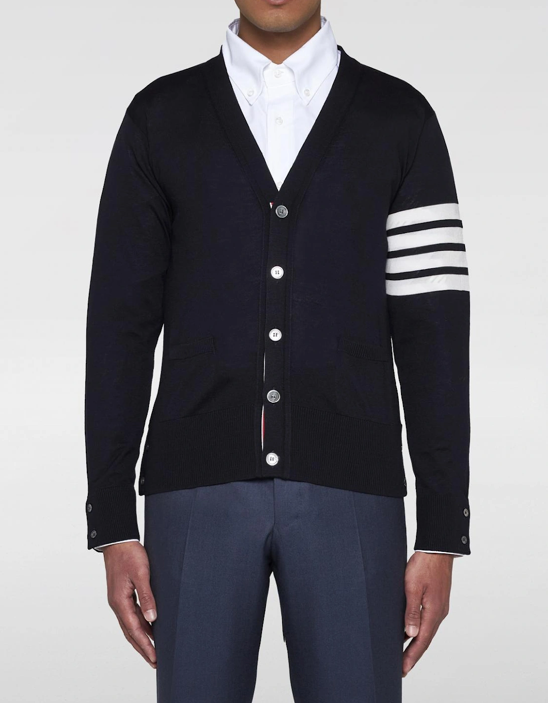 V-Neck Cotton Knit Cardigan with Button Closure and Signature Striped Sleeve, 5 of 4