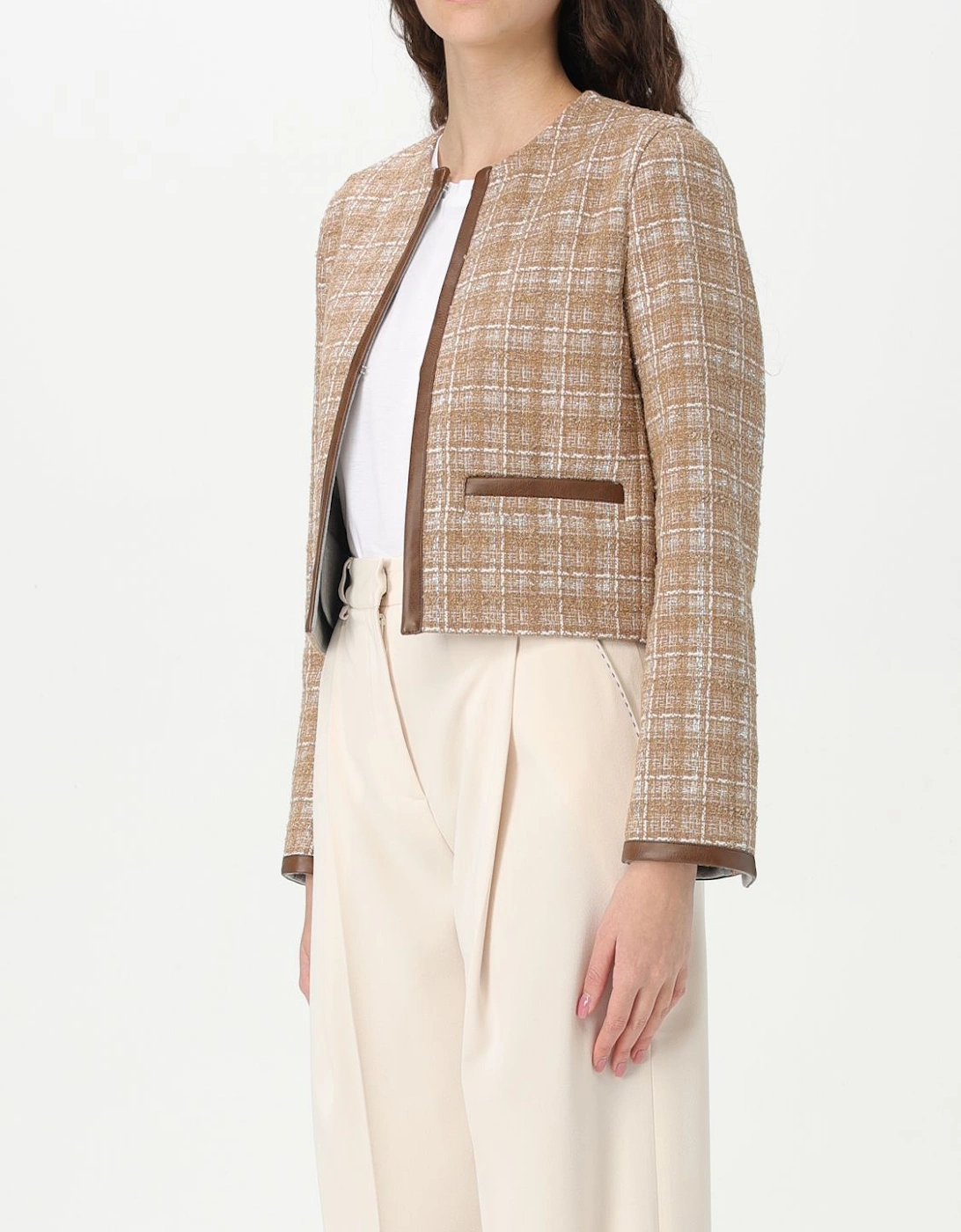 Cropped Tweed Jacket Leather Trim