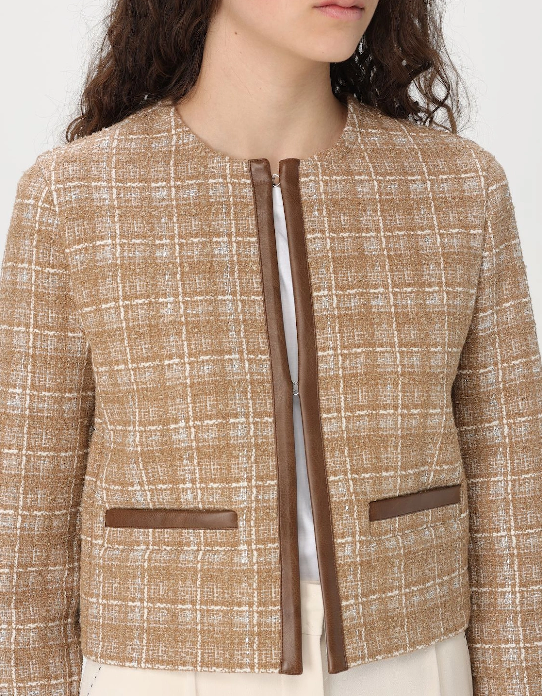 Cropped Tweed Jacket Leather Trim